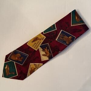 Harken Ltd Men's 60” Silk Tie Red Waterfowl Stamps Ducks Hand Sewn in USA Silk